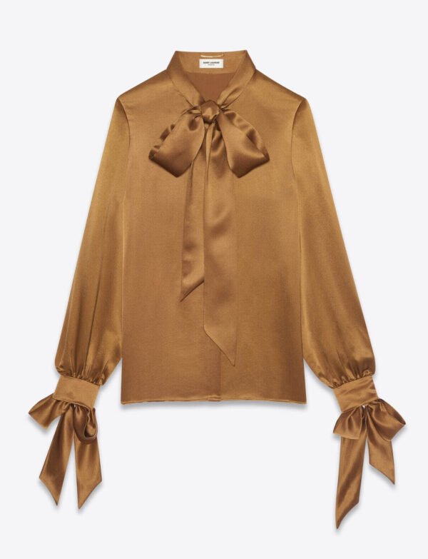 mustard yellow satin long bishop-sleeve blouse