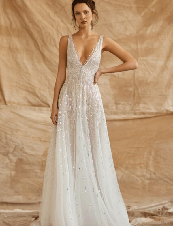 Gorgeous Deep Double V Neck Satin Prom Dress with Cap Sleeves